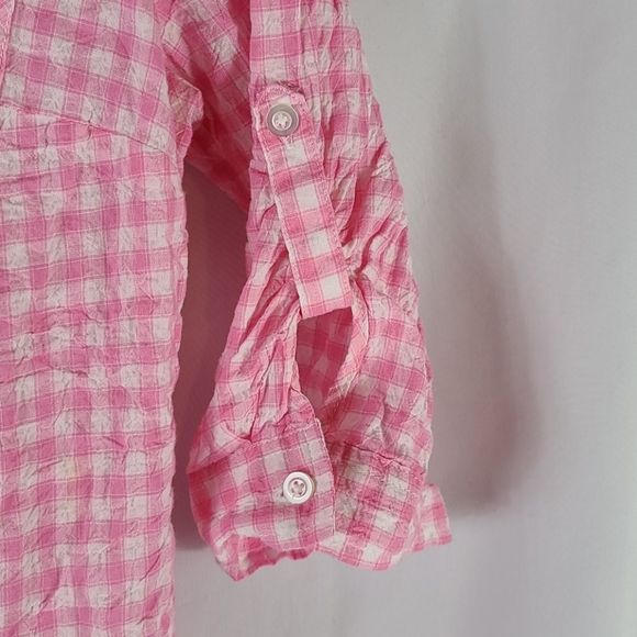 Pink White Plaid Button Down 3/4 Sleeve Top - Picture 4 of 8